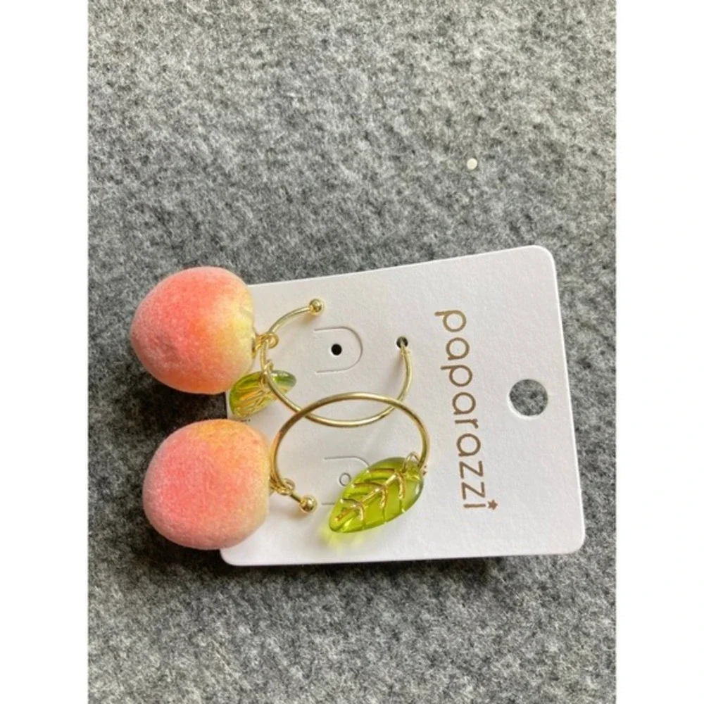 Pink Fuzzy Peach Earrings with Green Leaf Charm – Cute Fruit Hoop Jewelry‎ new